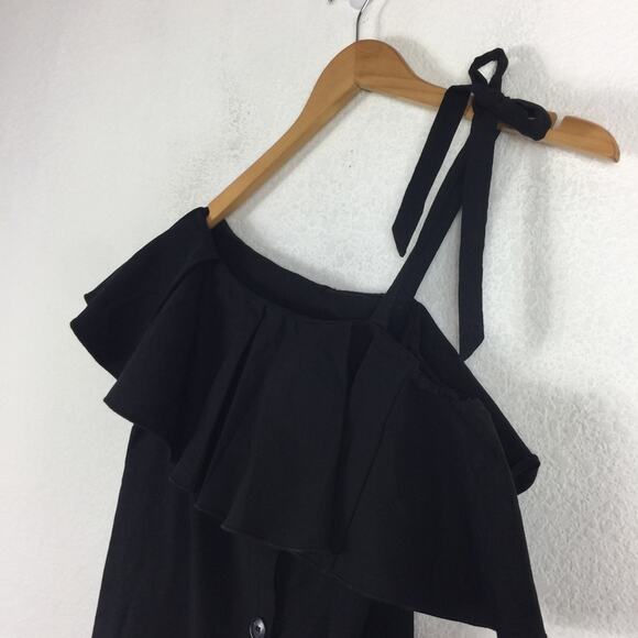 Sea NY Black Ruffle Off Shoulder Mini Dress Small Button Loose Linen Shirtdress - Picture 6 of 14